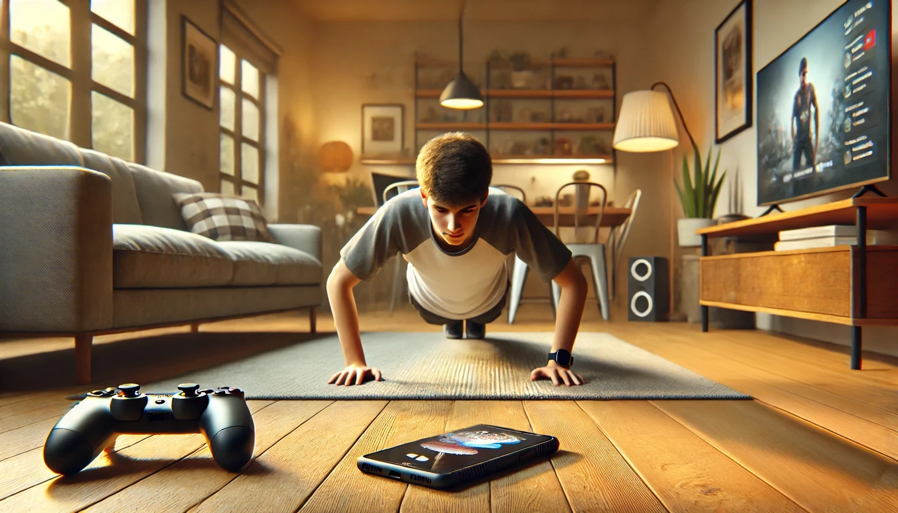A teenager is doing push-ups at home during a break from gaming on a mobile phone and TV.
