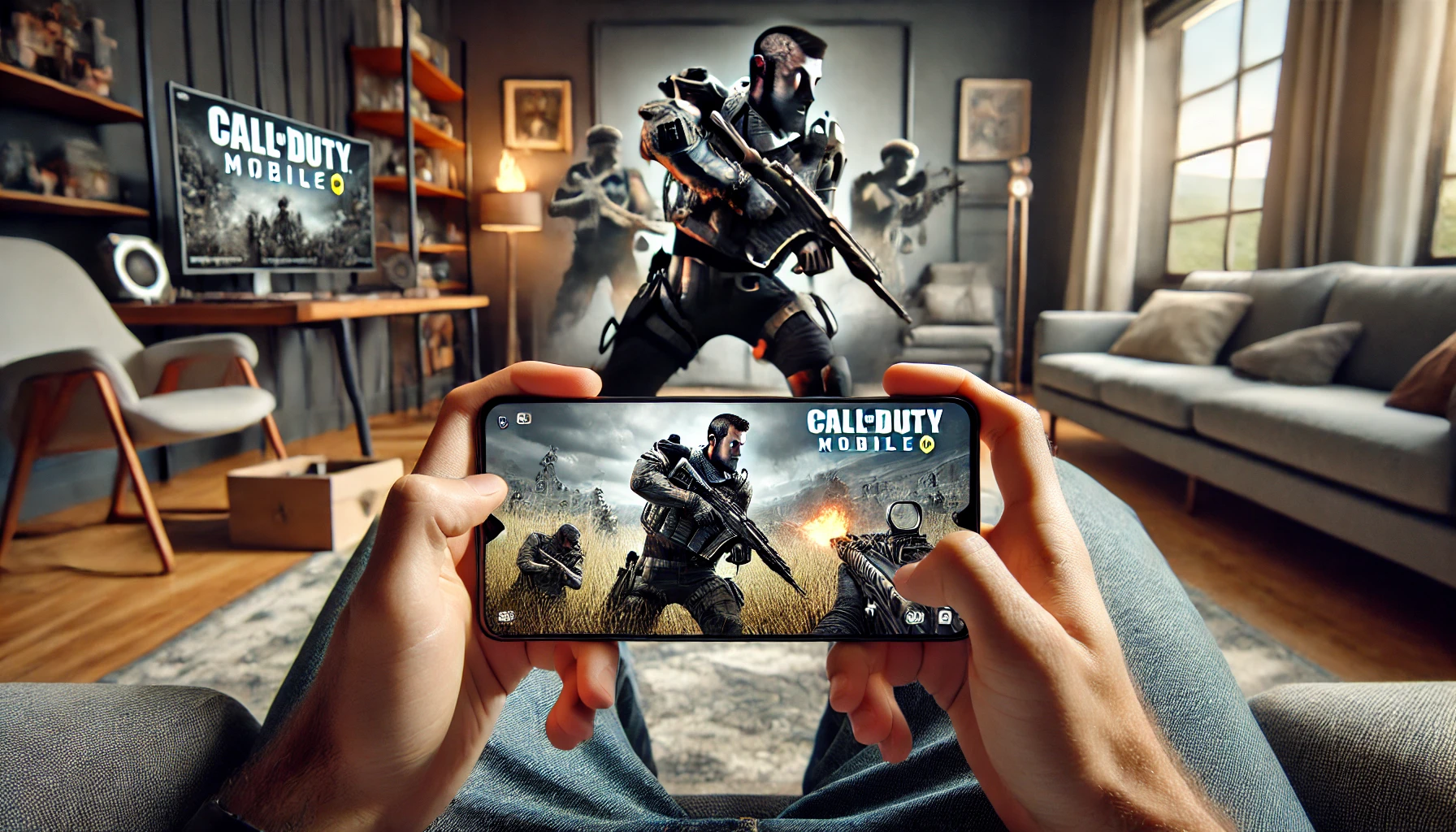 a mobile gamer playing Call of Duty: Mobile on a smartphone, showing a fast-paced multiplayer FPS action.