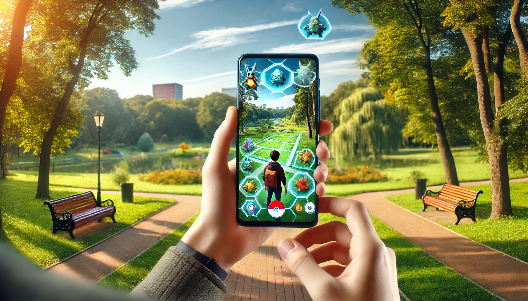 A person is standing outdoors, holding a smartphone with an augmented reality map on the screen, showing virtual elements.