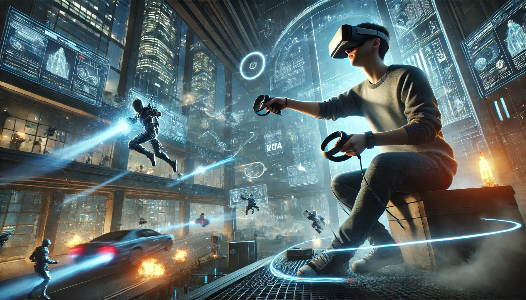 an immersive virtual reality gaming environment for mobile games in 2024. The scene captures a user engaged in a dynamic VR game within a futuristic cityscape