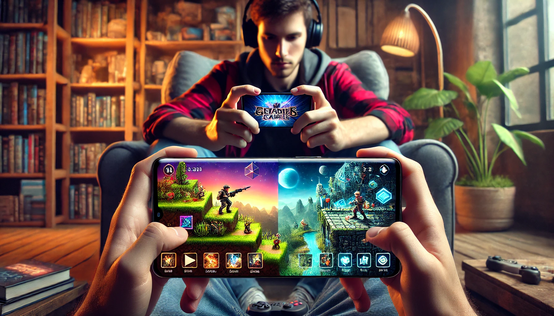 a mobile gamer engaging in both classic and trending games. The scene captures the evolution of mobile gaming, contrasting modern, graphically advanced games with simpler, nostalgic classics.