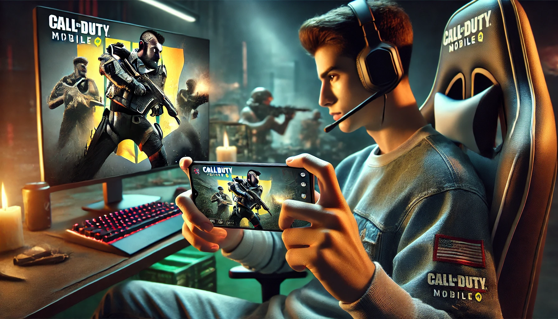 a mobile gamer deeply immersed in playing Call of Duty: Mobile. The scene captures the intense focus and competitive spirit of playing a fast-paced shooter game on a mobile device, complemented by a modern gaming setup