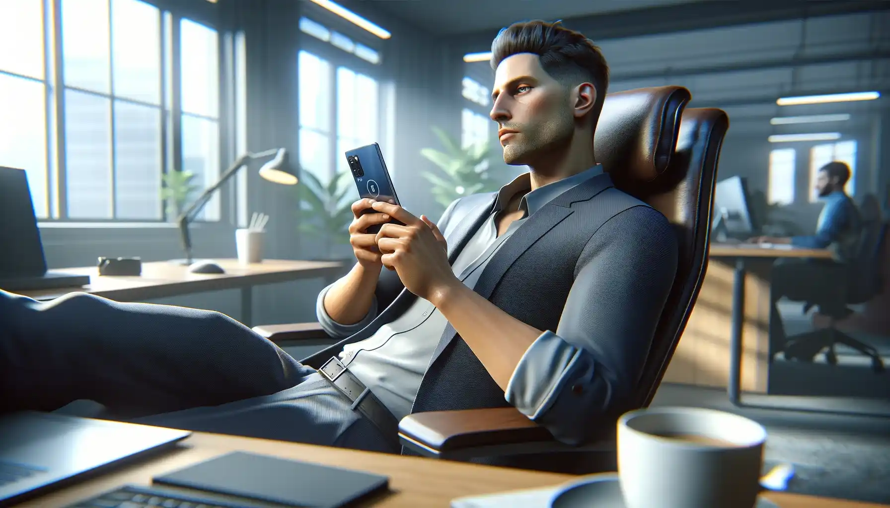 A man is taking a break from work, setting aside his laptop for 30 minutes to relax with a mobile game.