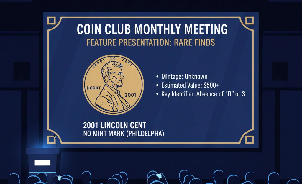 A coin club presentation slide enlarged with 2001 Lincoln penny no mint mark