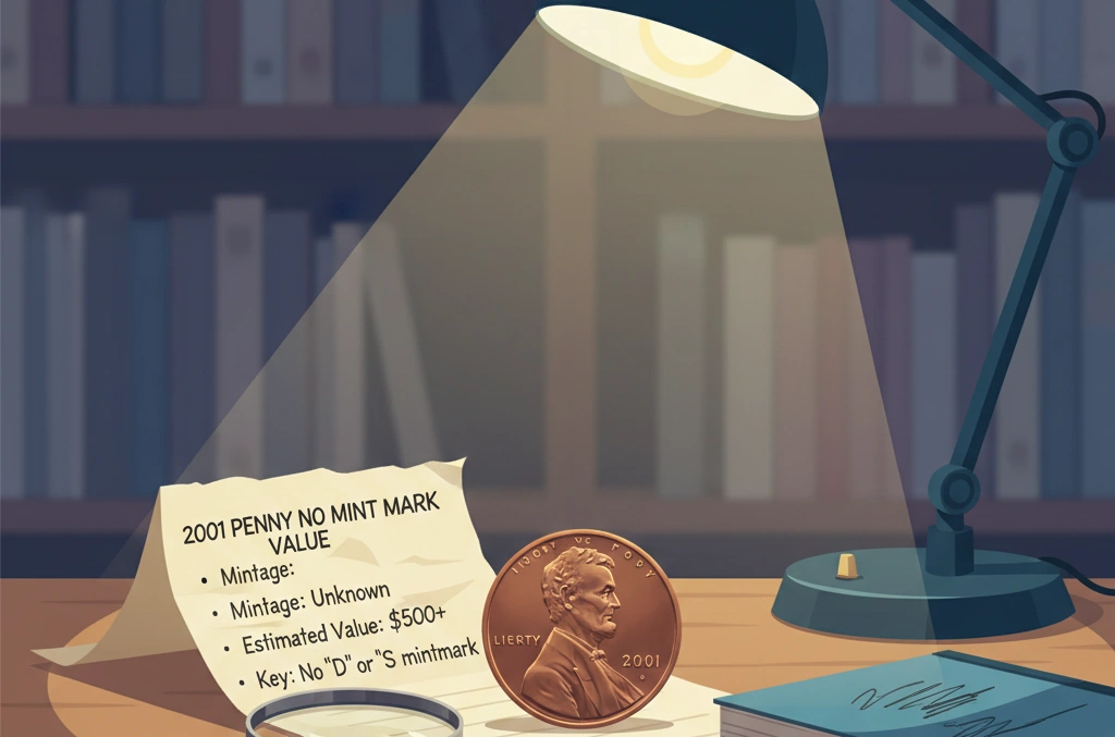 A desk with research notes titled “2001 Penny No Mint Mark Value” next to the coin